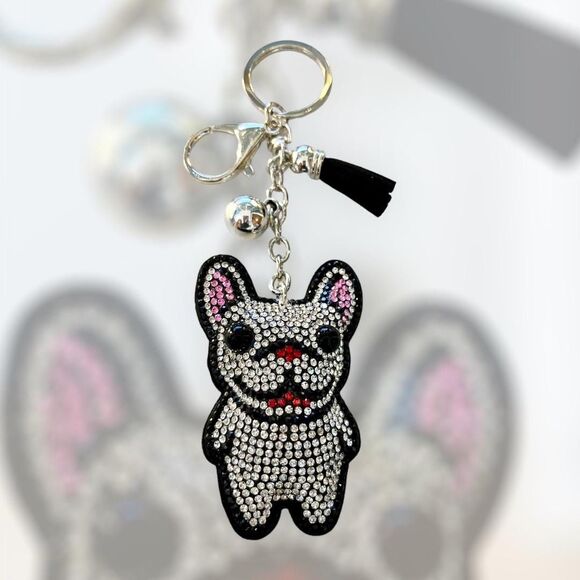 Sparkling Cartoon French Bulldog Badge Charm Keychain with Rhinestones - Picture 3 of 6